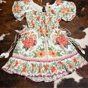 White Floral Peasant Dress with Pink & Orange Embroidery